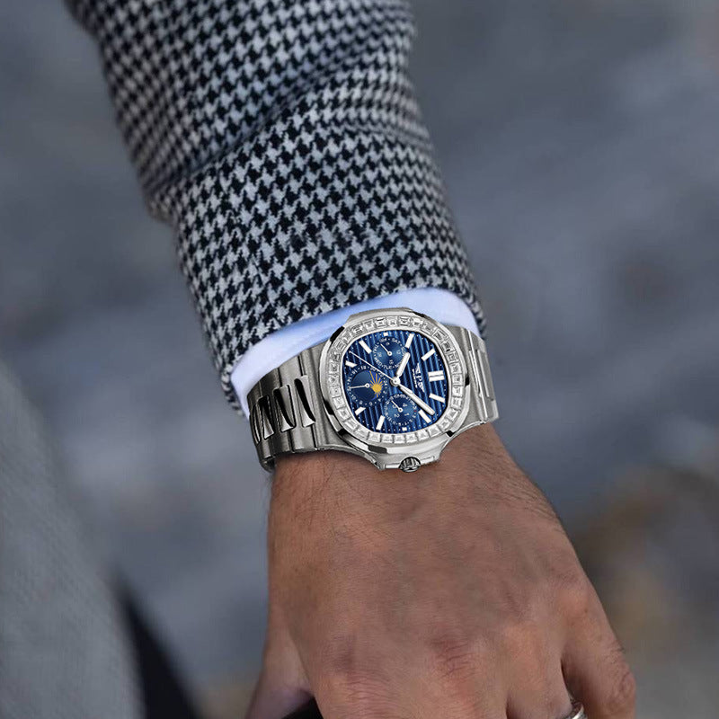Montre pour homme avec grand cadran carré à cadran bleu diamant