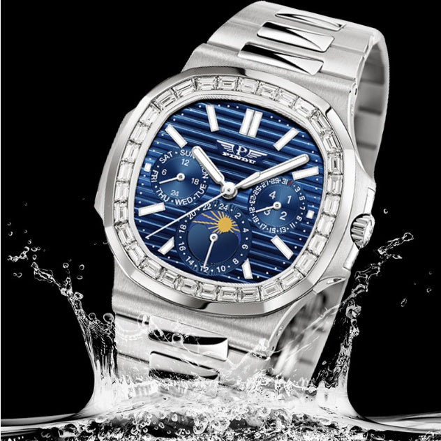 Montre pour homme avec grand cadran carré à cadran bleu diamant