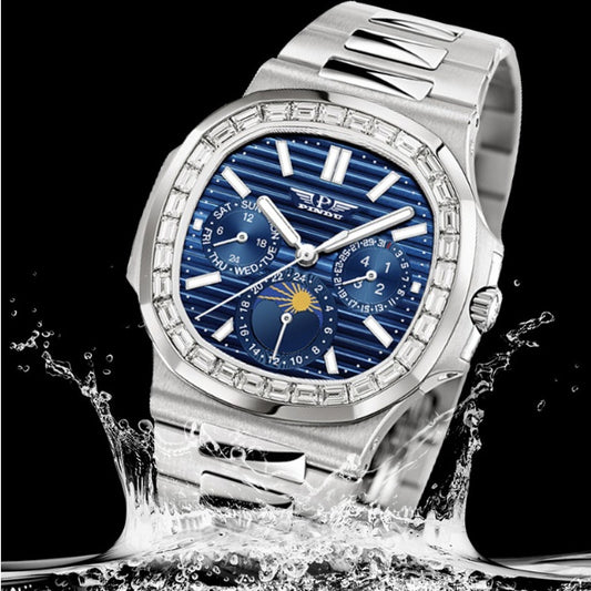 Montre pour homme avec grand cadran carré à cadran bleu diamant